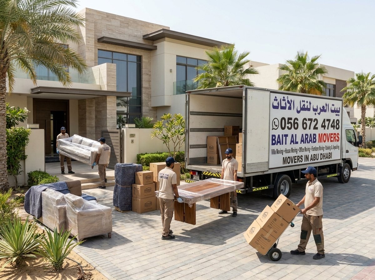 نقل أثاث فلل في أبوظبي باستخدام رافعة وفريق متكامل