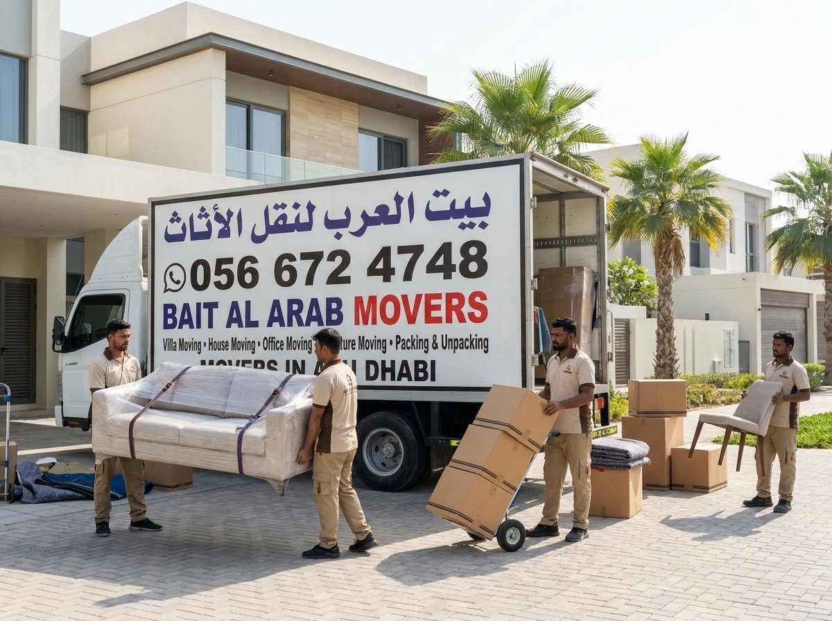 فريق شركة بيت العرب لنقل الأثاث في أبوظبي أثناء تغليف ونقل عفش منزلي